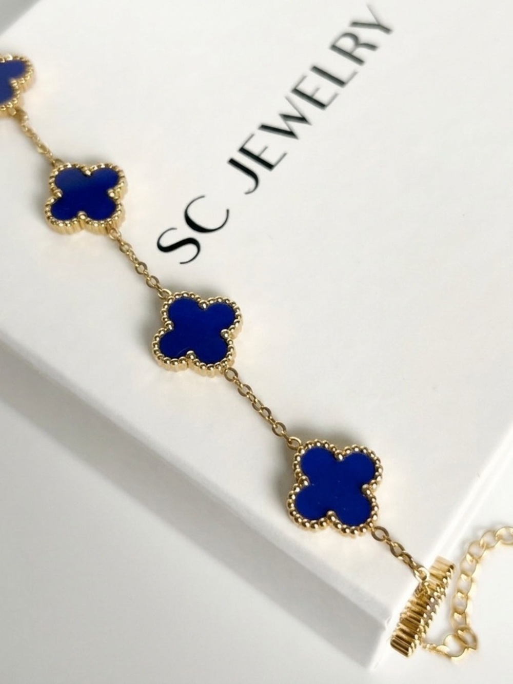 Royal Blue Four Leaf Clover Bracelet Stainless Steel Double Sided Adjustable